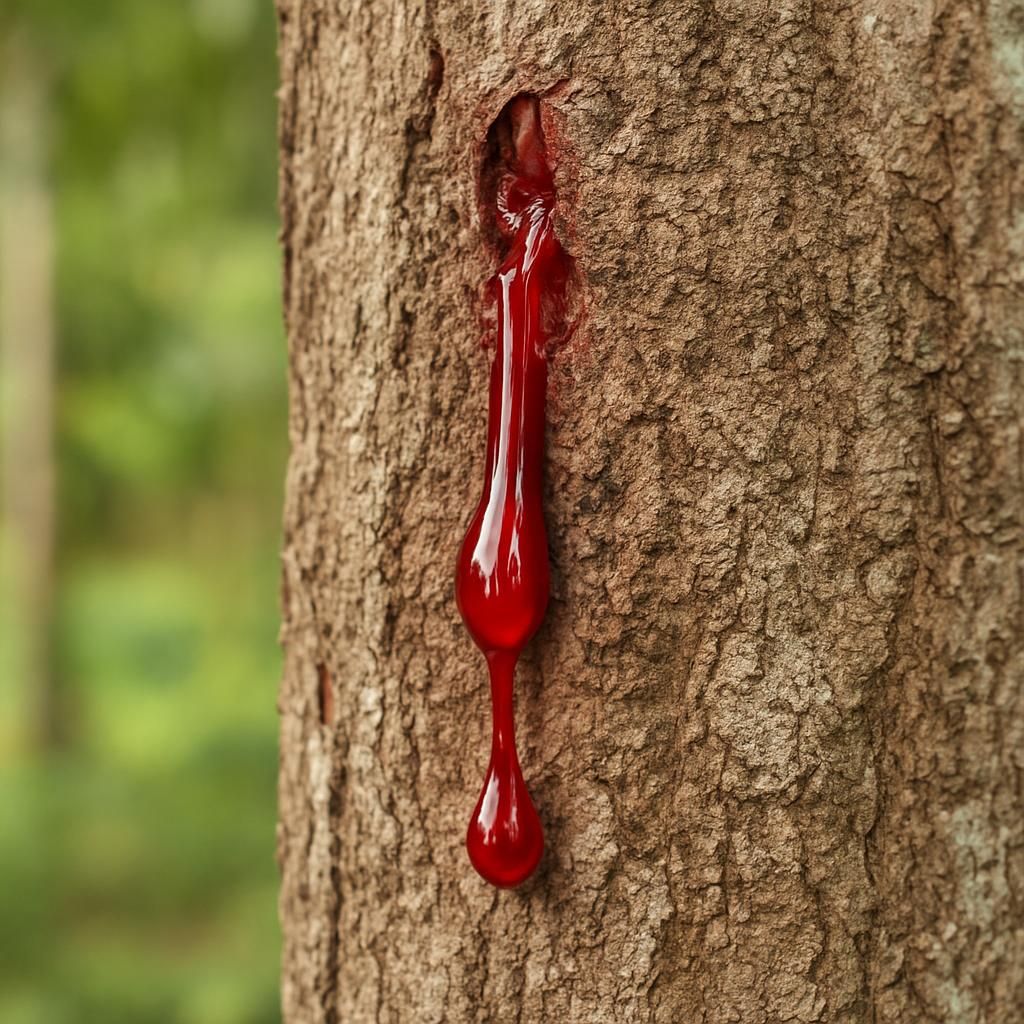 Close-up of bright red Dragon's Blood Resin latex exuding from Croton lechleri tree bark in tropical agroforestry system