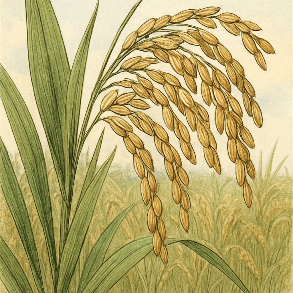 Close-up of Dubraj Rice, short aromatic grains with lush green stalks in a field.