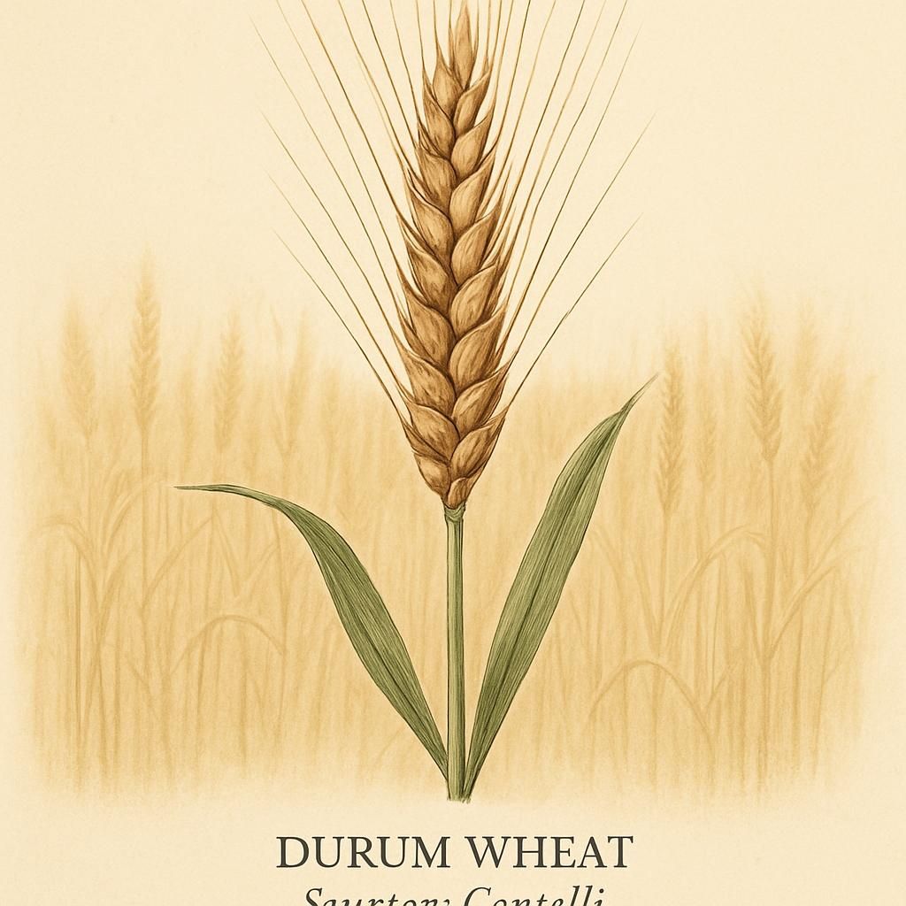 Close-up of Durum Wheat (Senatore Cappelli) grains on a stalk, showcasing their distinctive yellow hue and long, thin shape.
