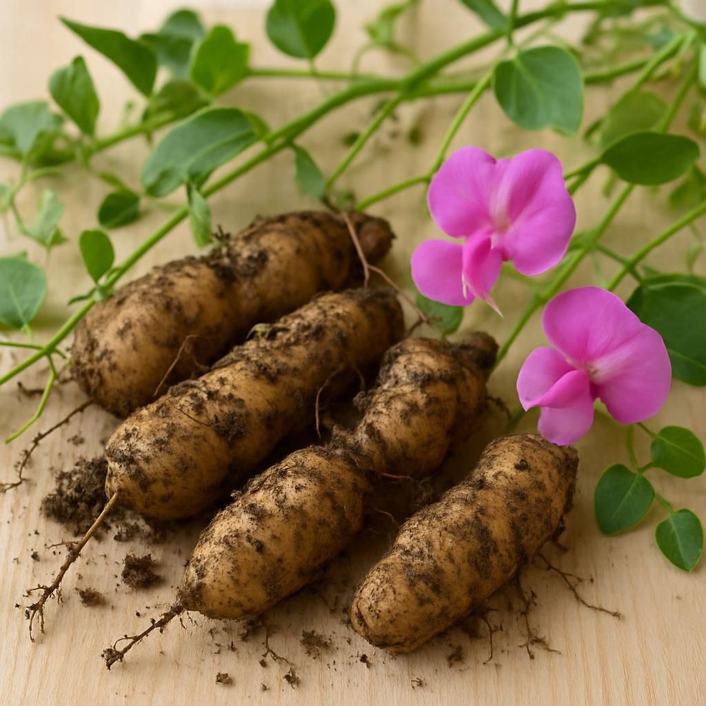 Freshly dug Earthnut Pea tubers showing tan skin and white flesh beside pink flowers and vines