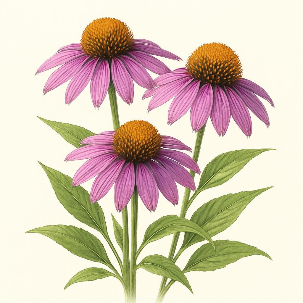 Close-up of blooming Echinacea purpurea purple coneflowers with orange cone centers and lush green leaves