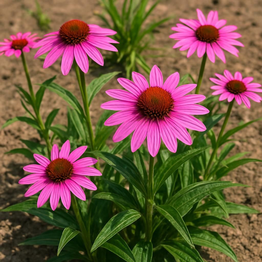 Close-up of Echinacea angustifolia plants showing pink flowers and narrow green leaves in optimal field conditions