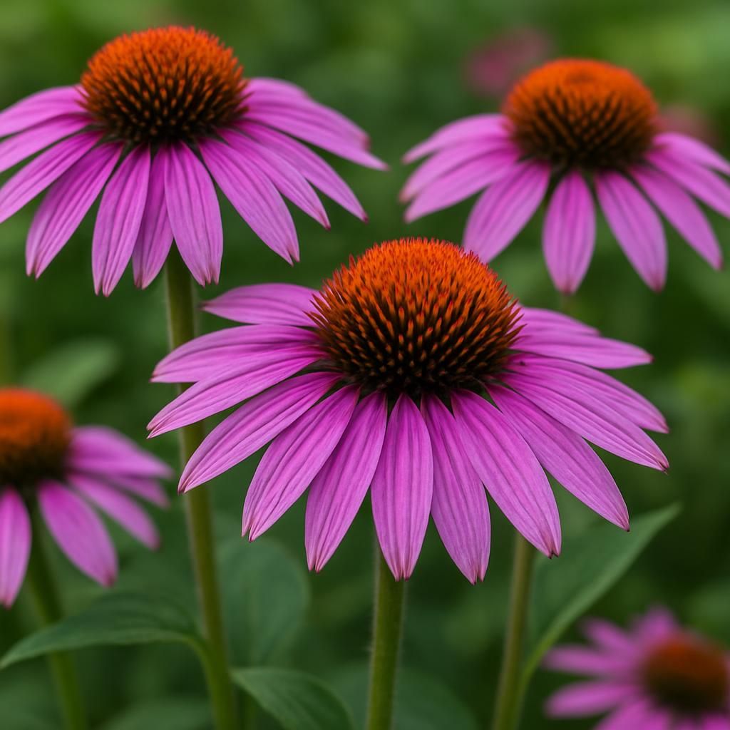 Close-up of blooming echinacea purpurea purple coneflowers in a sunny medicinal herb garden