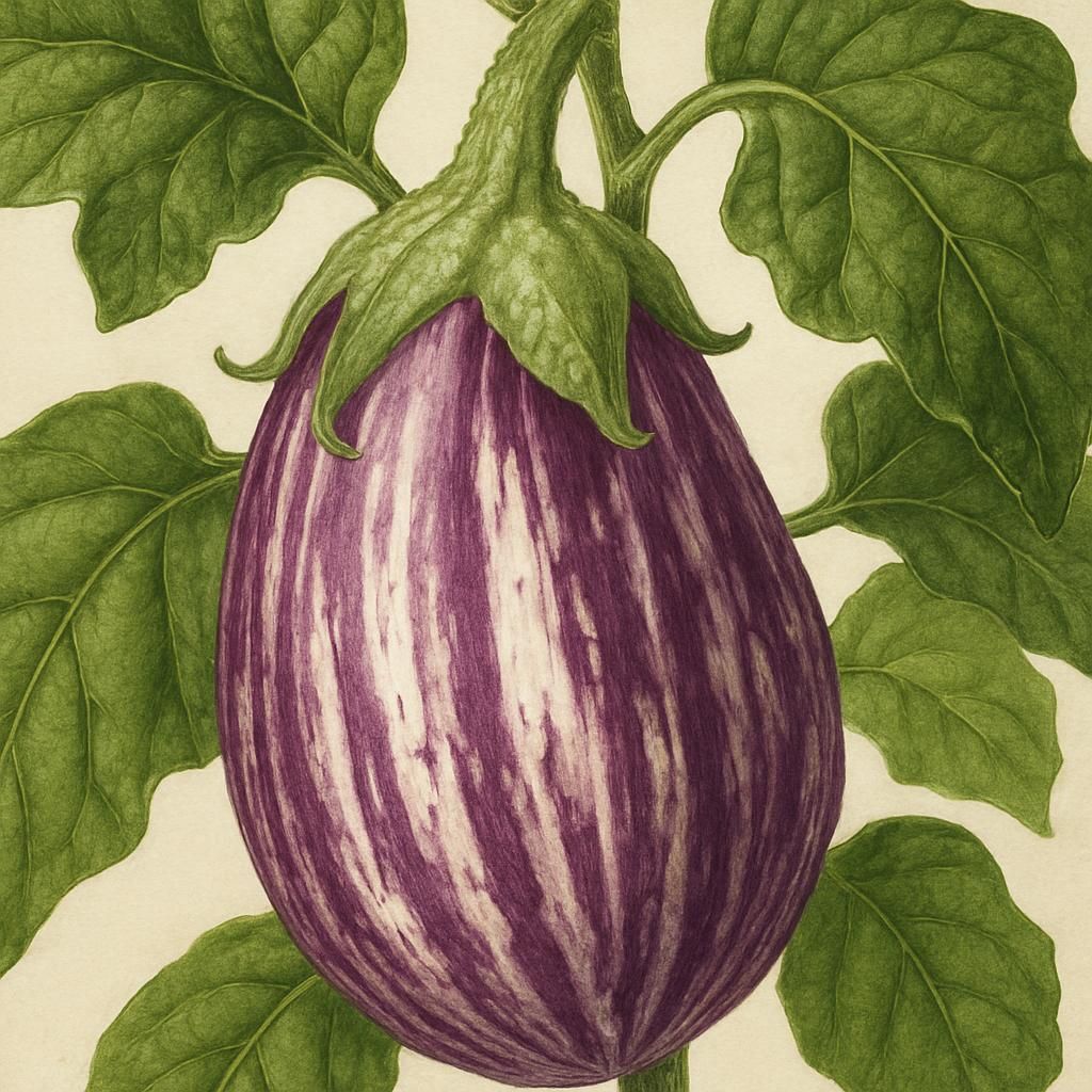 Close-up of Fairytale Eggplant with unique purple and white striped fruit, ideal for small gardens.