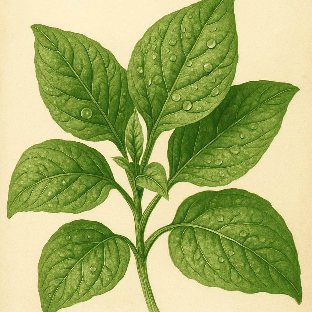 Close-up shot of Egyptian Spinach leaves with dewdrops, showing vibrant green textures.