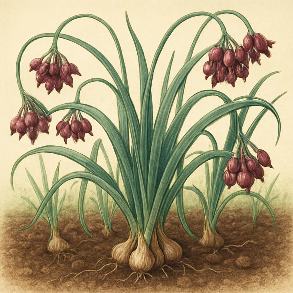 Egyptian Walking Onion with top-set bulbils and hollow leaves in garden soil