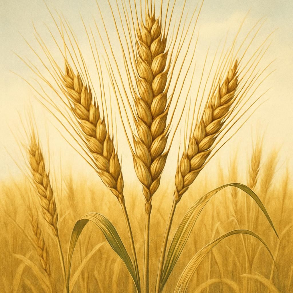 Close-up of golden Einkorn wheat spikes set against a clear blue sky.