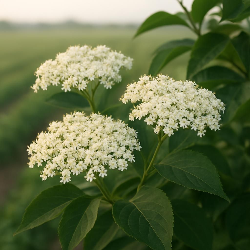 Close-up of aromatic white elderberry flowers ready for harvest on organic shrub