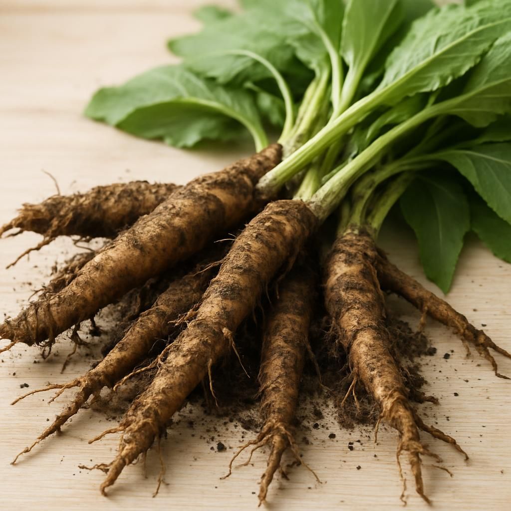 Freshly harvested elecampane roots with thick rhizomes and green foliage on wooden surface
