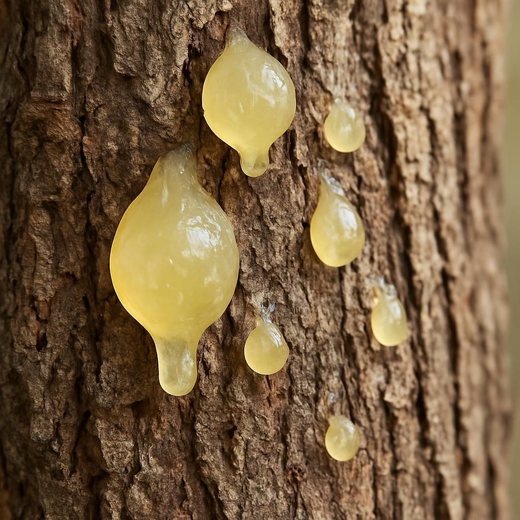 Close-up of fresh elemi resin oozing from Canarium luzonicum bark under tropical sunlight
