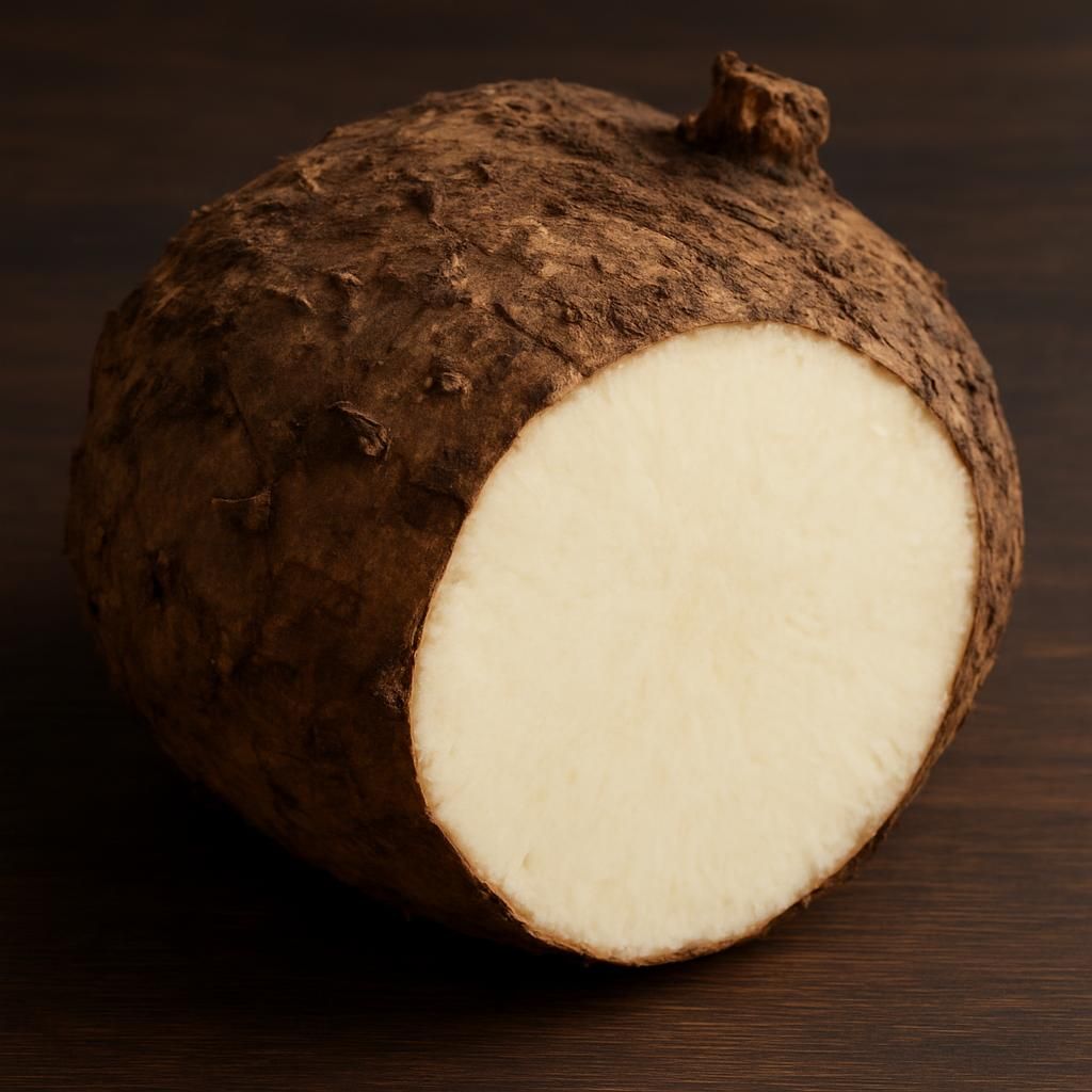 Freshly harvested Elephant Foot Yam corm showing rough skin and white flesh