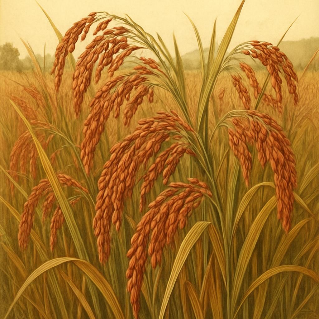 Close-up of ripe Ermes Rice fields showcasing the distinctive red grains ready for harvest.