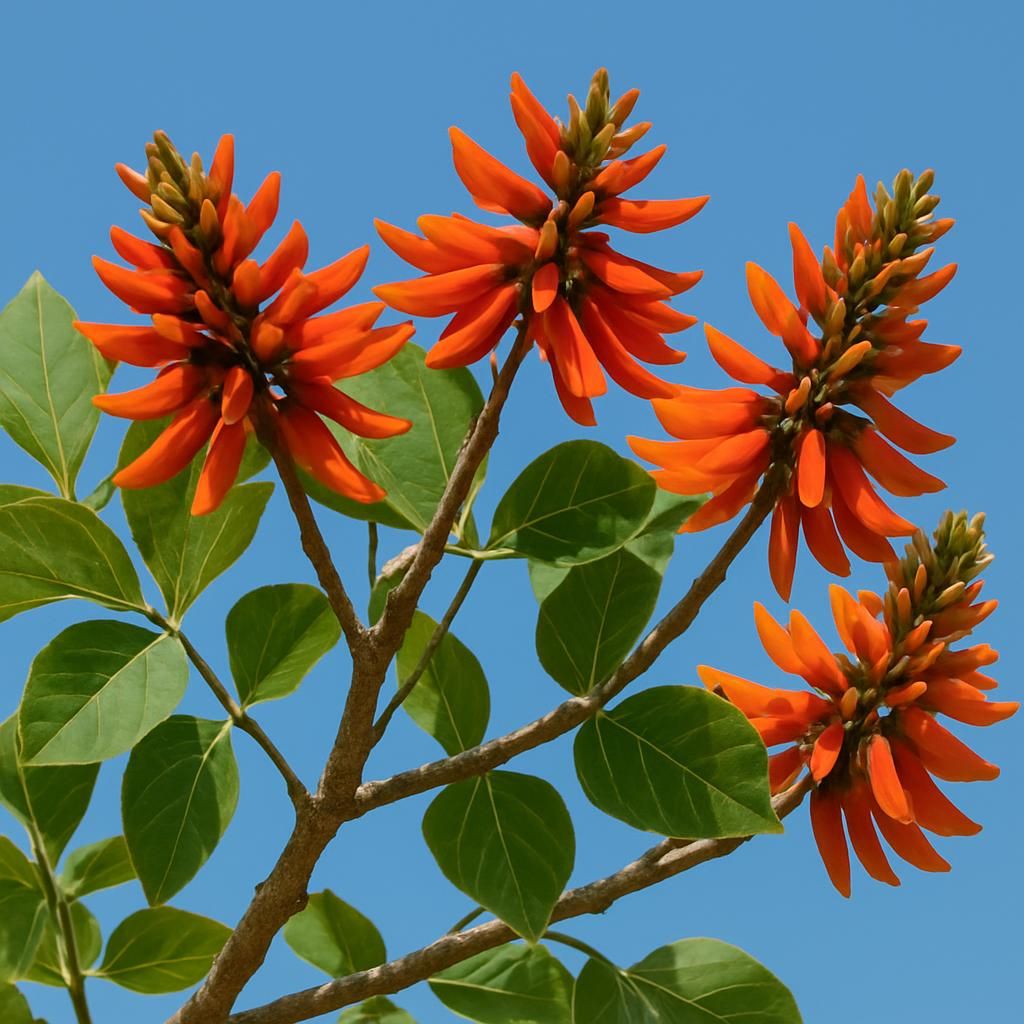 Erythrina poeppigiana mountain immortelle tree with bright orange-red flowers and lush green foliage in tropical agroforestry setting