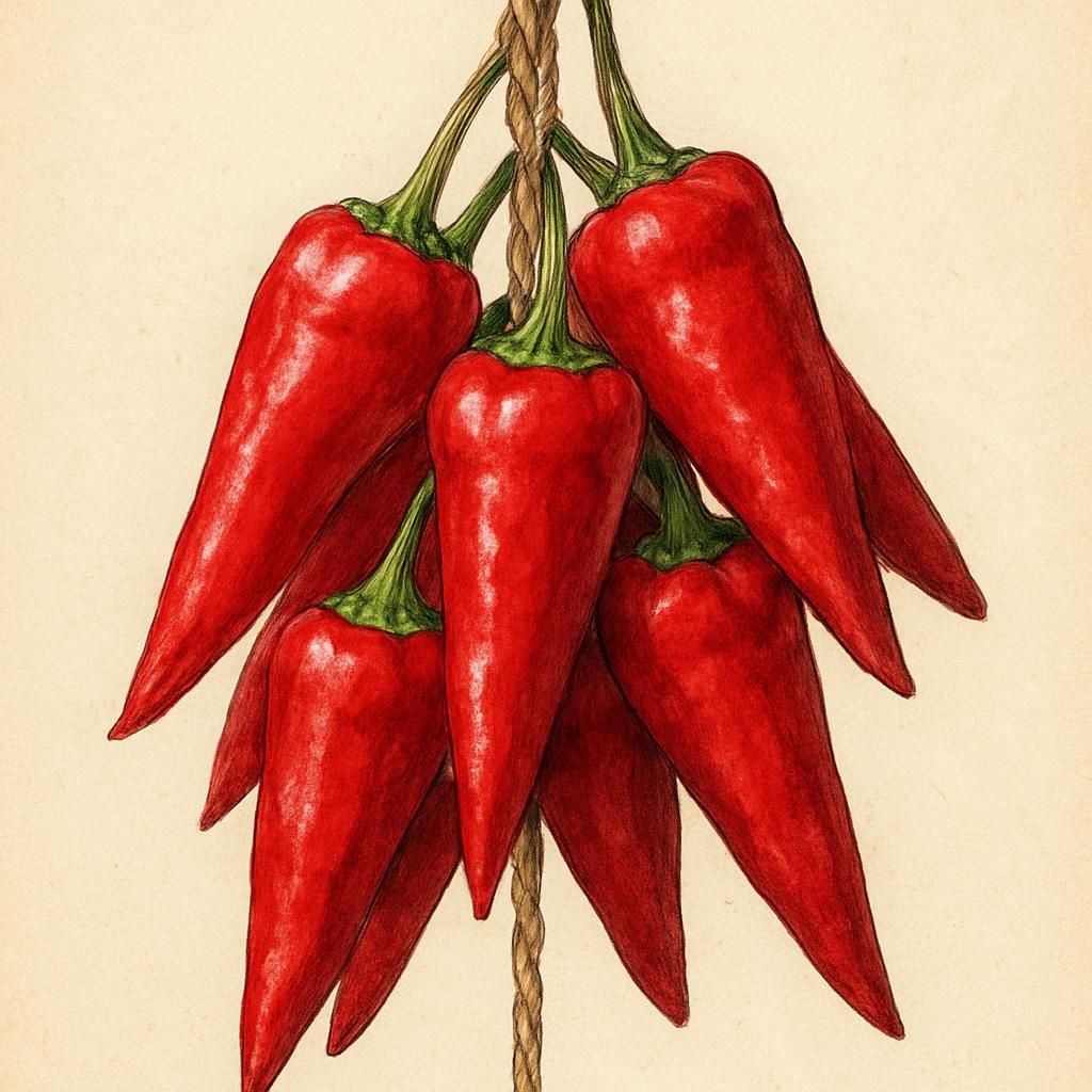 Ripe Espelette peppers hanging and drying with vibrant red hues under the sunlight.
