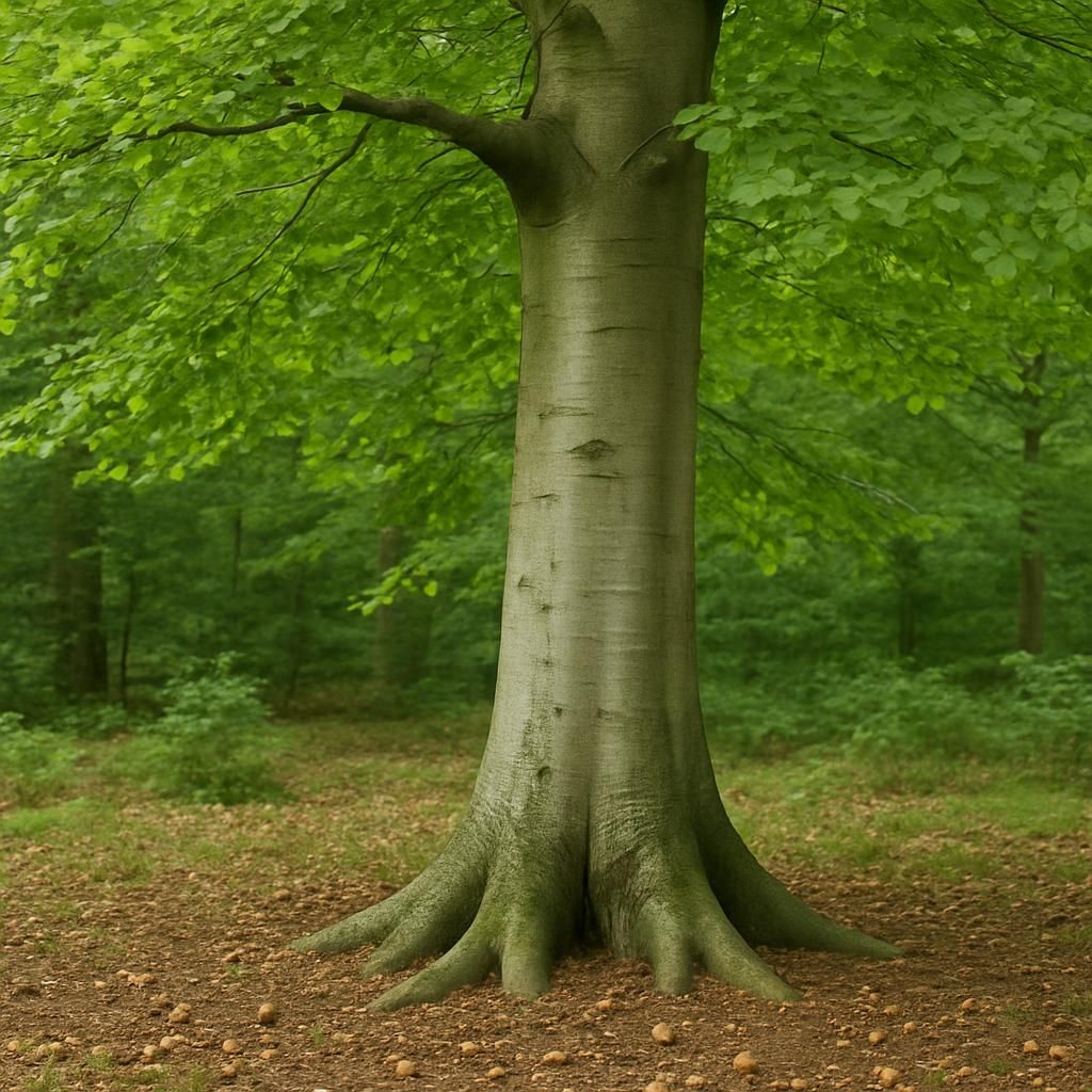 Mature European Beech tree showing smooth bark and lush green canopy with beechnuts