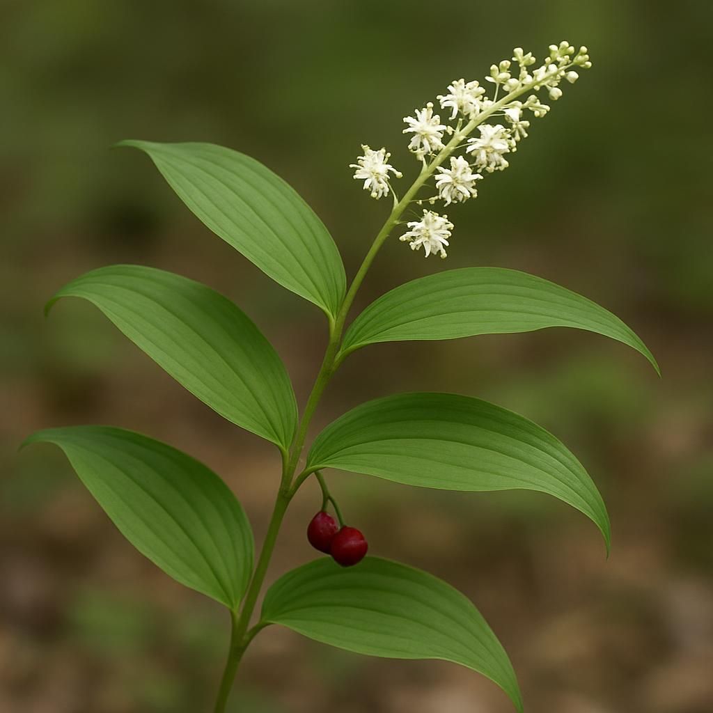 False Solomon's Seal plant with white flowers and red berries in woodland shade garden setting