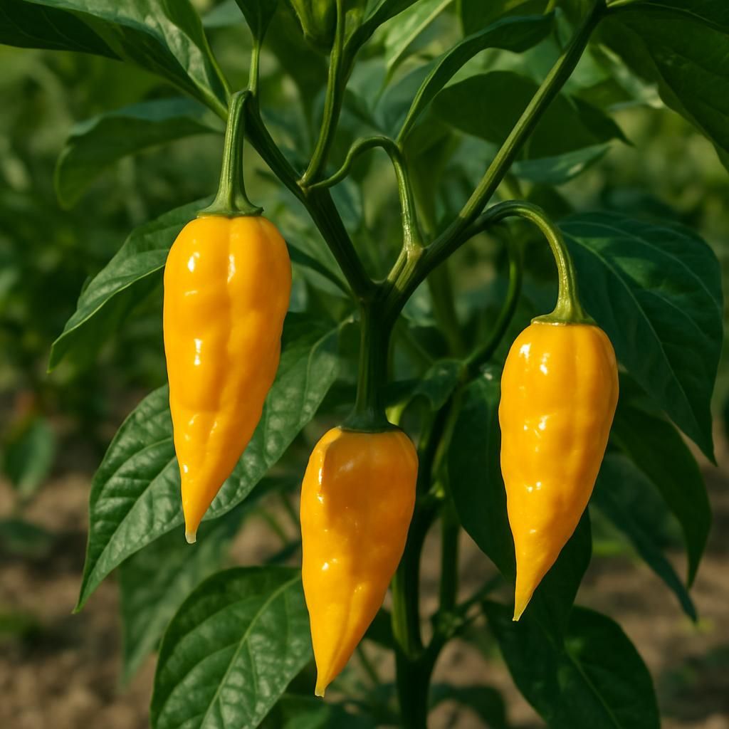 Ripe yellow Fatali Chili peppers on plant with lush foliage under natural light