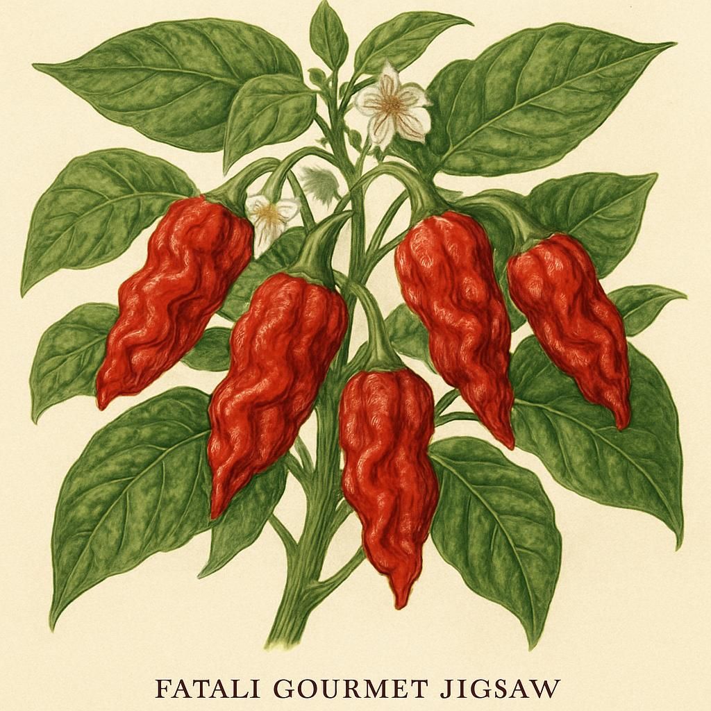 Close-up of vibrant red Fatali Gourmet Jigsaw peppers on a plant.