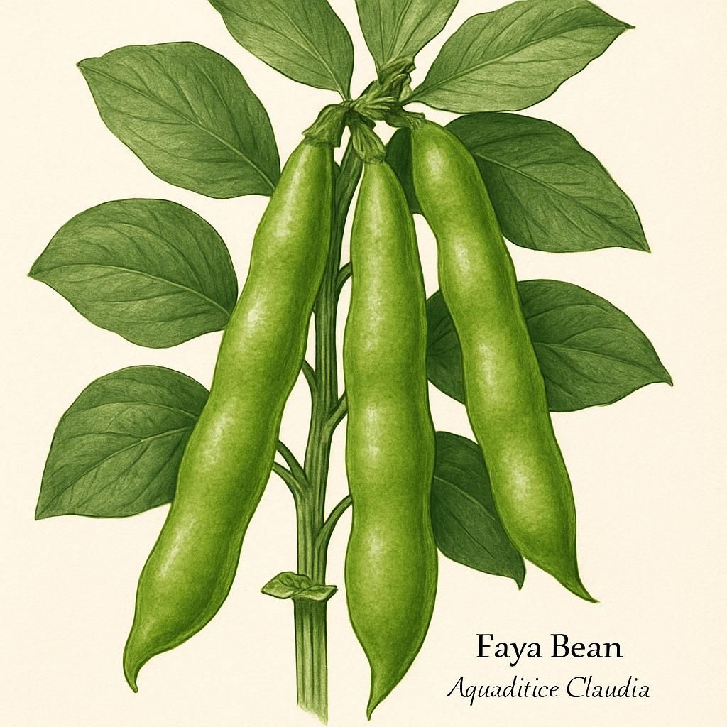 Close-up of Fava Bean (Aquadulce Claudia) showing large pods and green foliage.