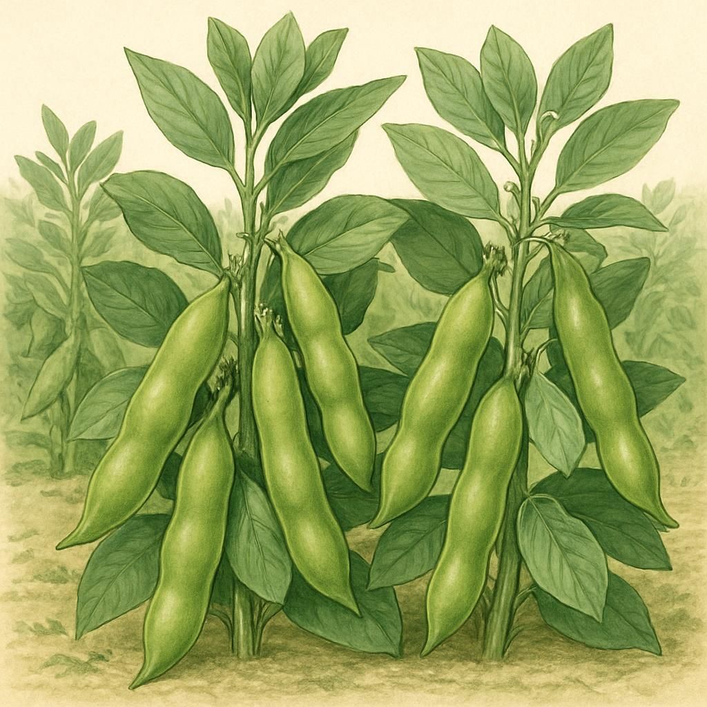 Close-up of Broad Windsor Fava Beans in pods on the plant.
