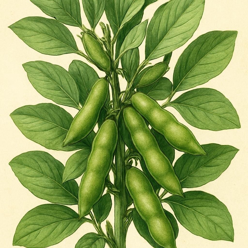 Close-up of Fava Bean (Robin Hood) plants with pods and leaves.