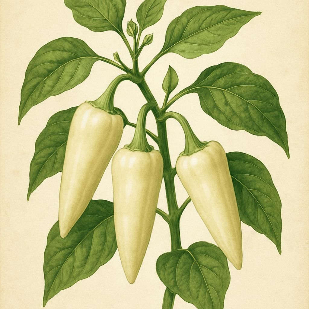 Close-up of Feher Ozon Paprika plant with creamy white peppers.