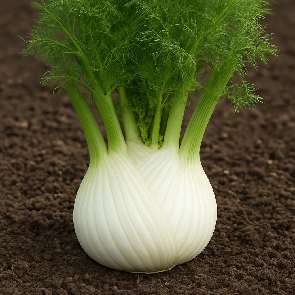 Close-up of mature Fennel (Antares) bulb showing crisp white layers and aromatic green fronds in field