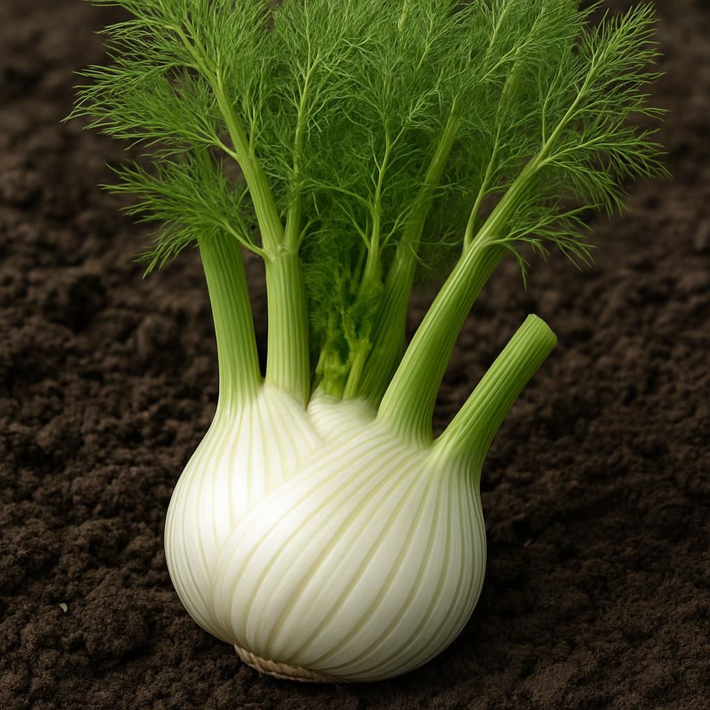 Close-up of Zefa Fino Florence fennel bulb showing crisp white base and feathery green fronds ready for harvest