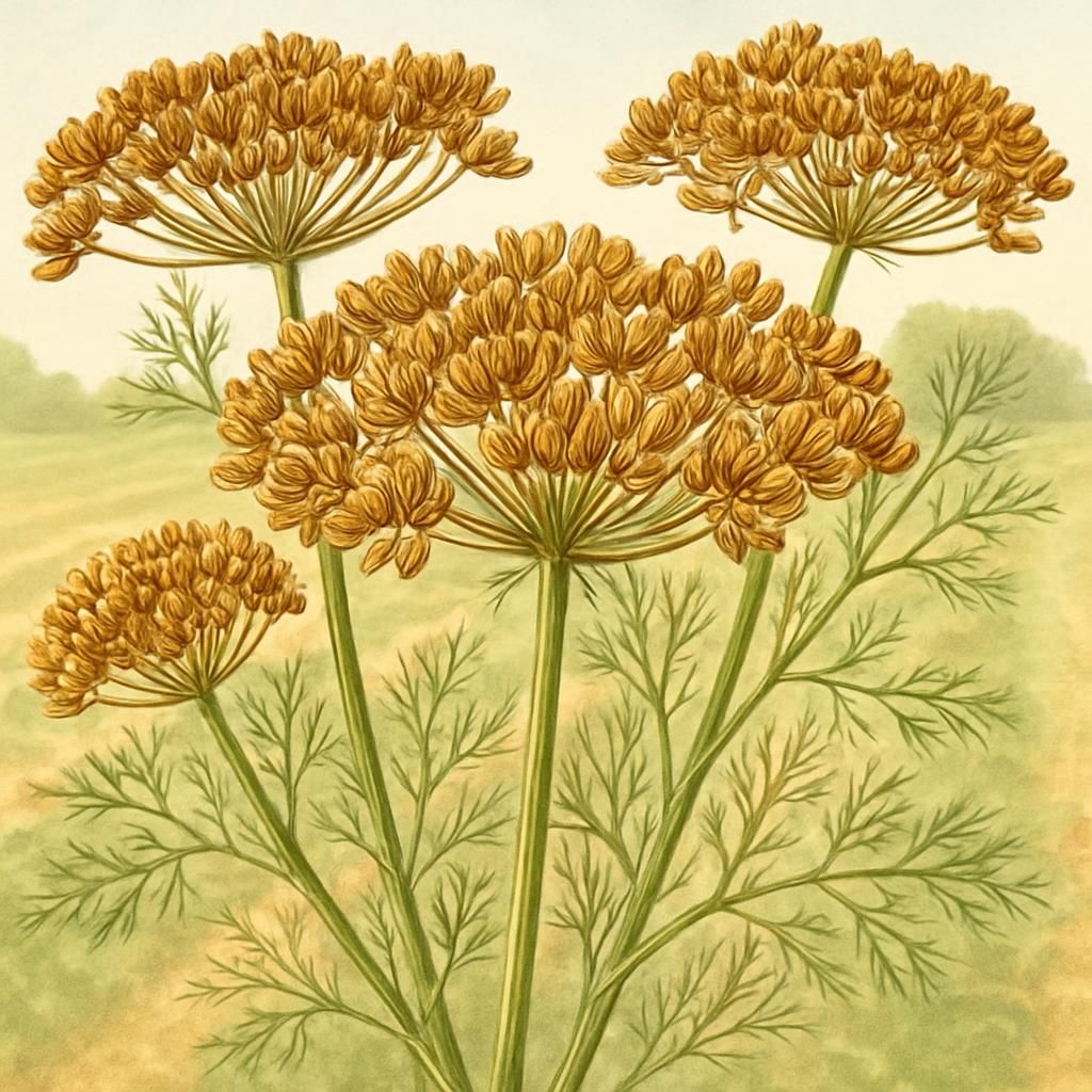 Close-up of Indian Lucknow fennel plants with mature aromatic seeds ready for harvest