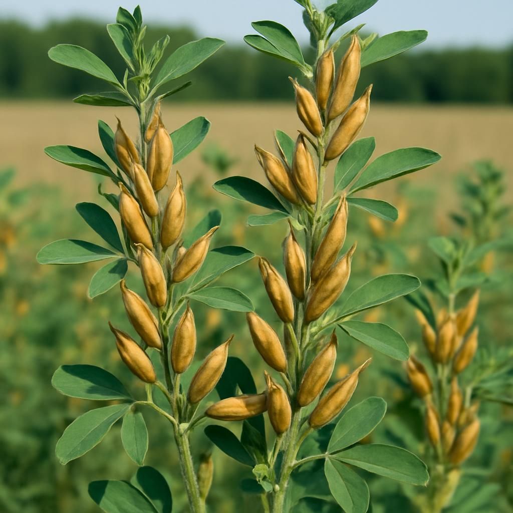 Close-up of fenugreek plants showing mature seed pods ready for harvest in a well-managed field