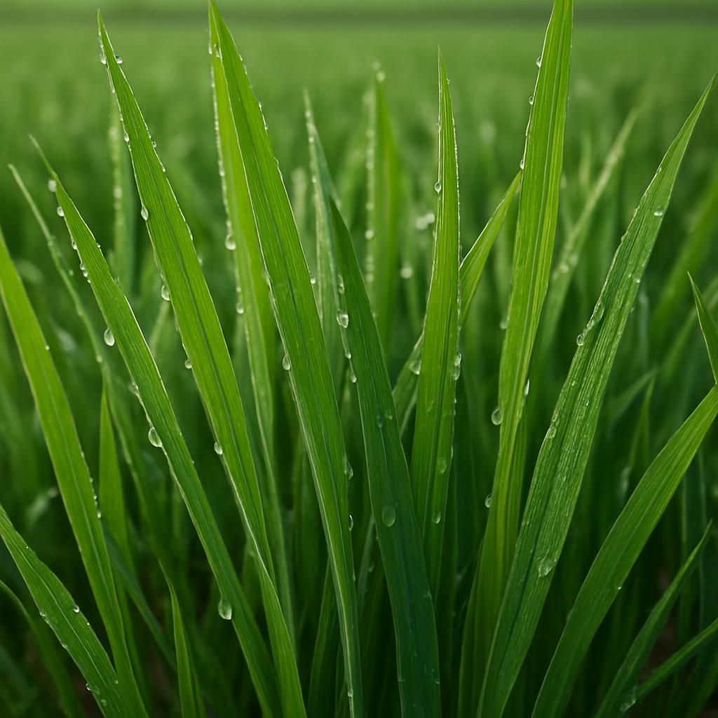 Close-up of lush tall fescue grass blades showing healthy growth and dew droplets for professional agricultural guide