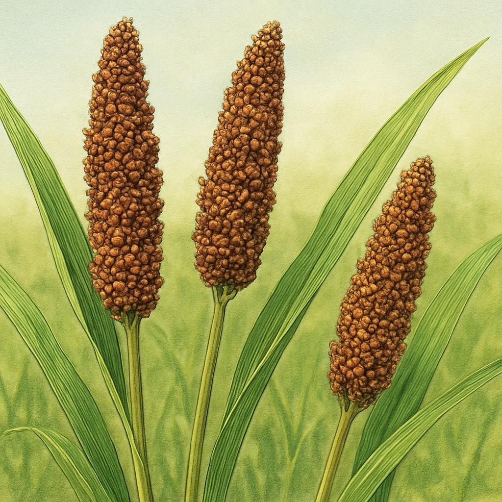 Close-up of Finger Millet (Ragi - GPU 28) showcasing seed heads and rich green blades against a fertile field.