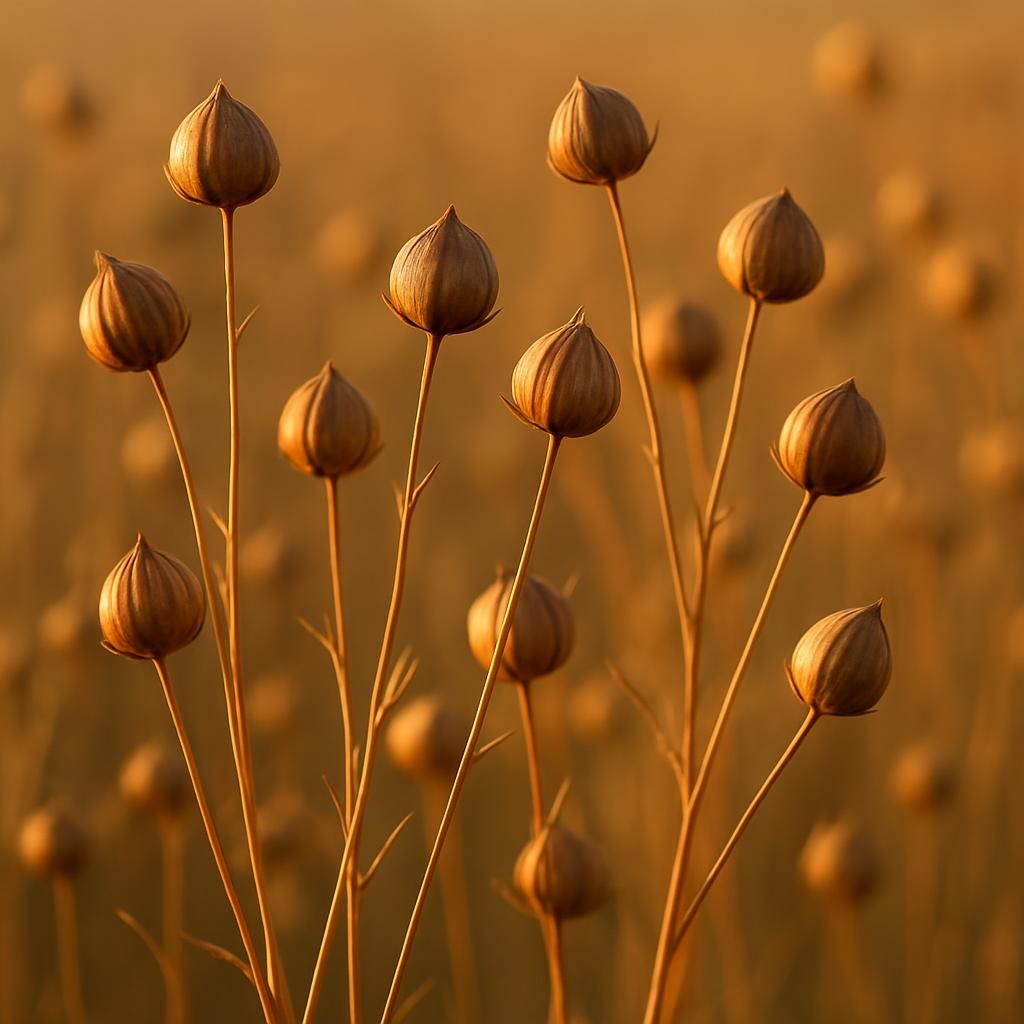 Close-up of brown flax seed capsules and stems ready for harvest in a sunlit field