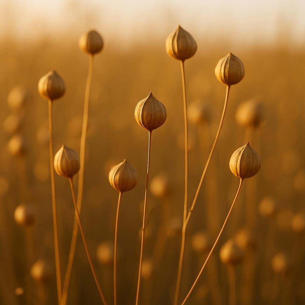 Close-up of ripe golden flax seed capsules ready for harvest in an organic field