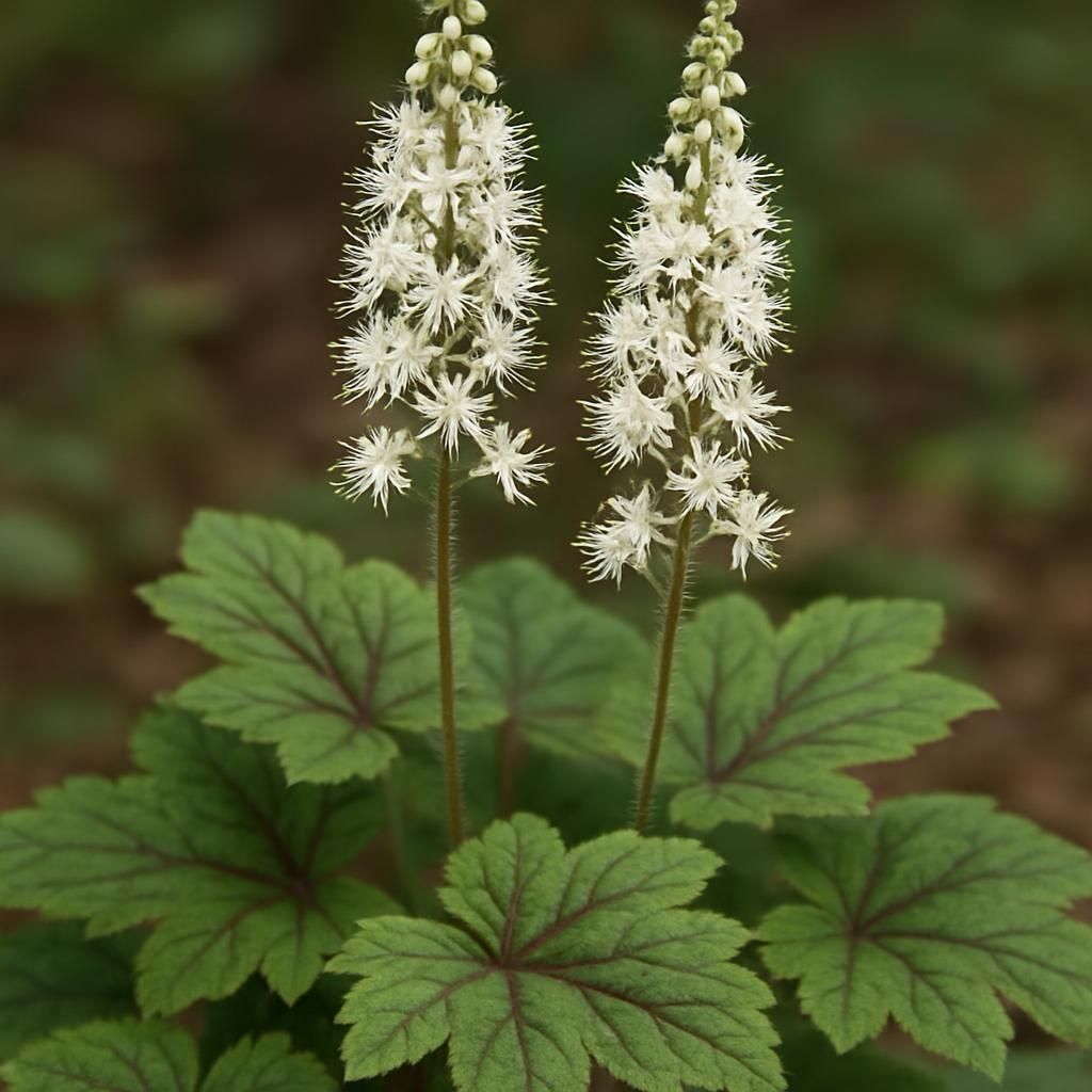Close-up of foamflower Tiarella cordifolia white blooms and lobed foliage in shaded garden