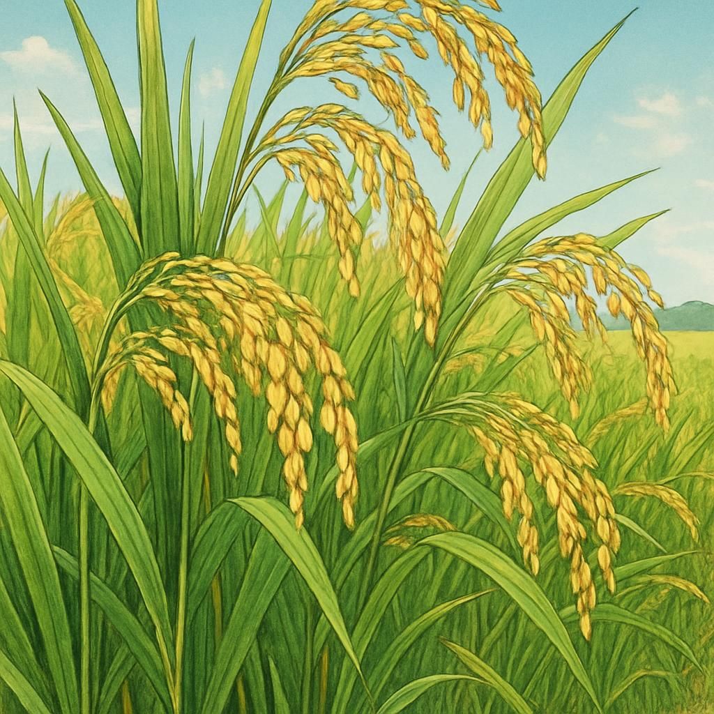 Fortuna Rice field with golden grains against a blue sky, showcasing vibrant growth and health.