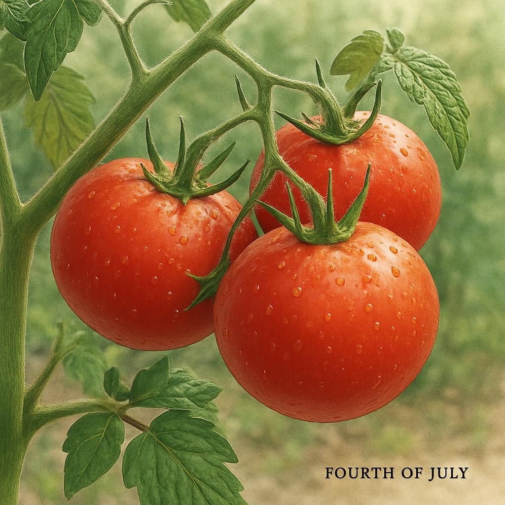 Ripe Fourth of July Tomatoes clustered on healthy green vines in morning light