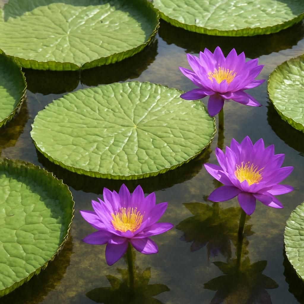 Close-up of Fox Nut (Phool Makhana) plants with floating leaves and flowers in pond