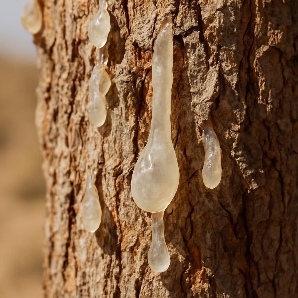 Close-up of Boswellia sacra trunk with white frankincense resin tears in arid sunlight