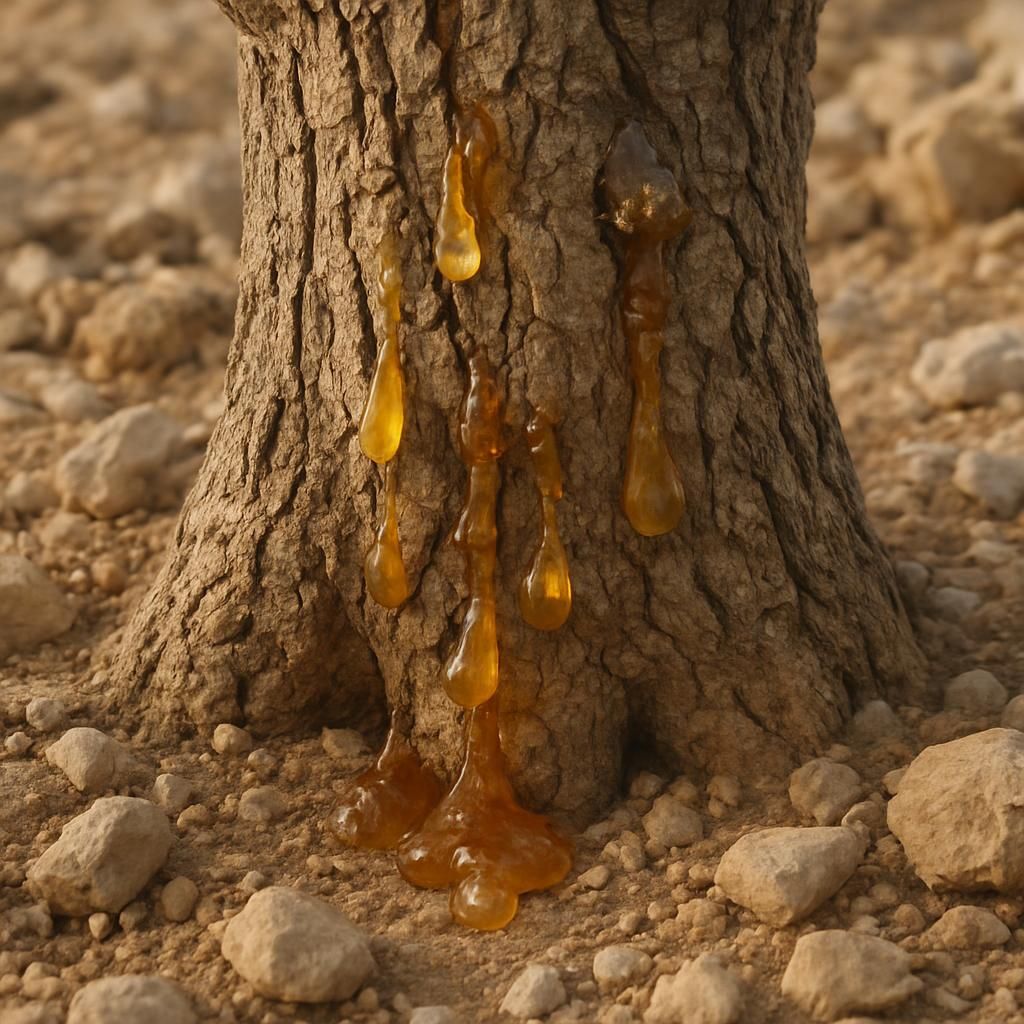 Close-up of frankincense tree trunk with fresh resin tears on rocky soil