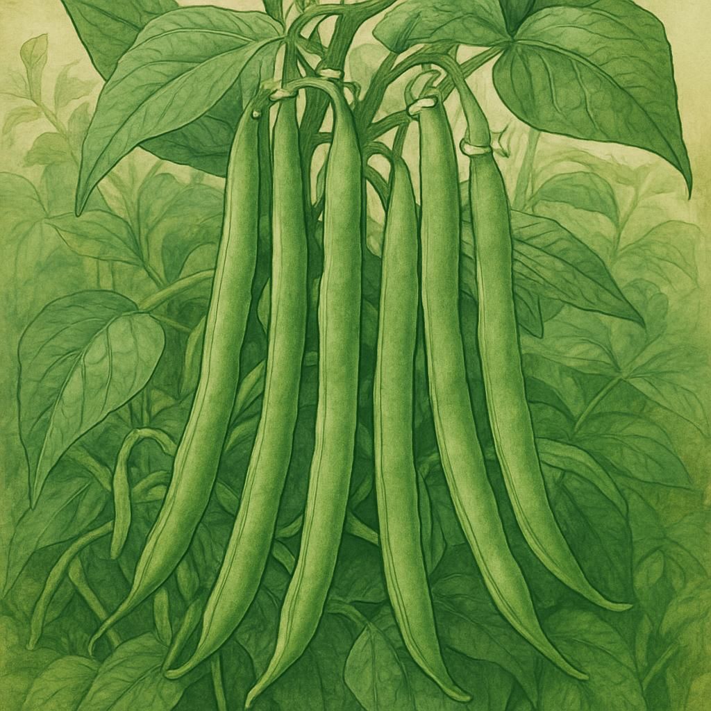 Close-up of slender, vibrant French Beans (Haricots Verts) ready for harvest in a sunny garden.
