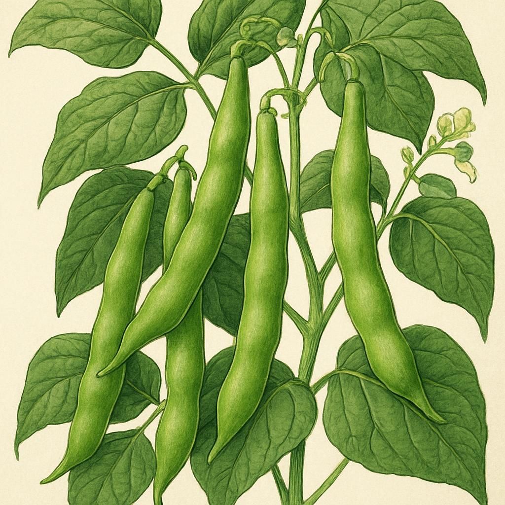 Close-up of French Bean Maxibel with lush green pods hanging.