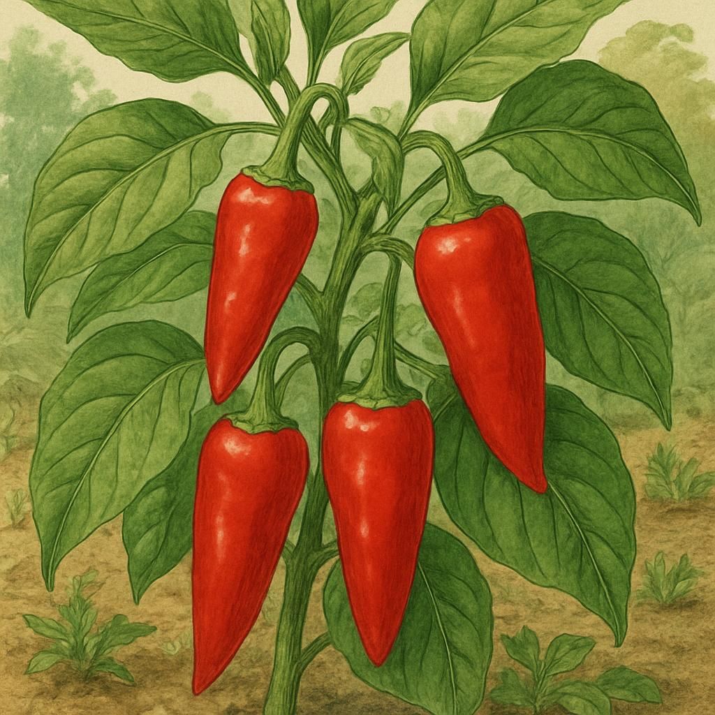 Close-up of vibrant red Fresno peppers hanging from a green plant.