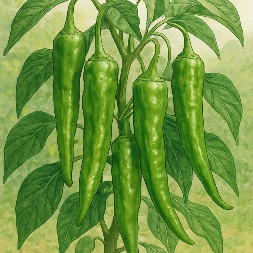 Close-up of vibrant green and red Friggitello Peppers growing on a plant.