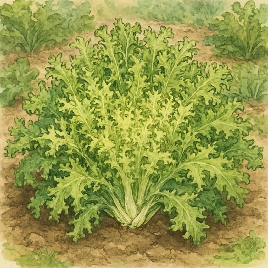 Close-up of Frisée (Myrna) in a garden setting, highlighting its distinctive curly endive leaves.