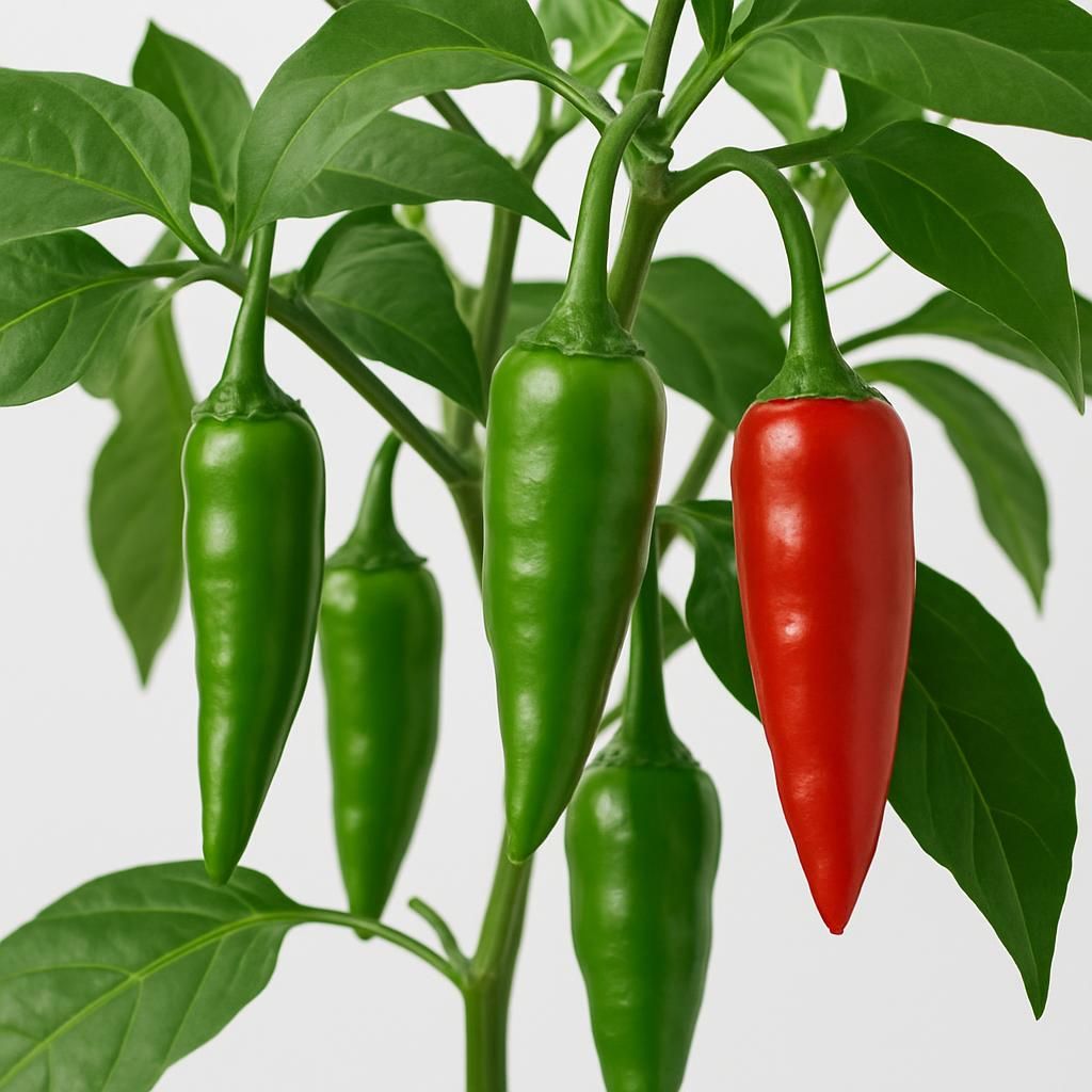 Close-up of slender green and red Fushimi Pepper fruits on the vine for growing guide header image