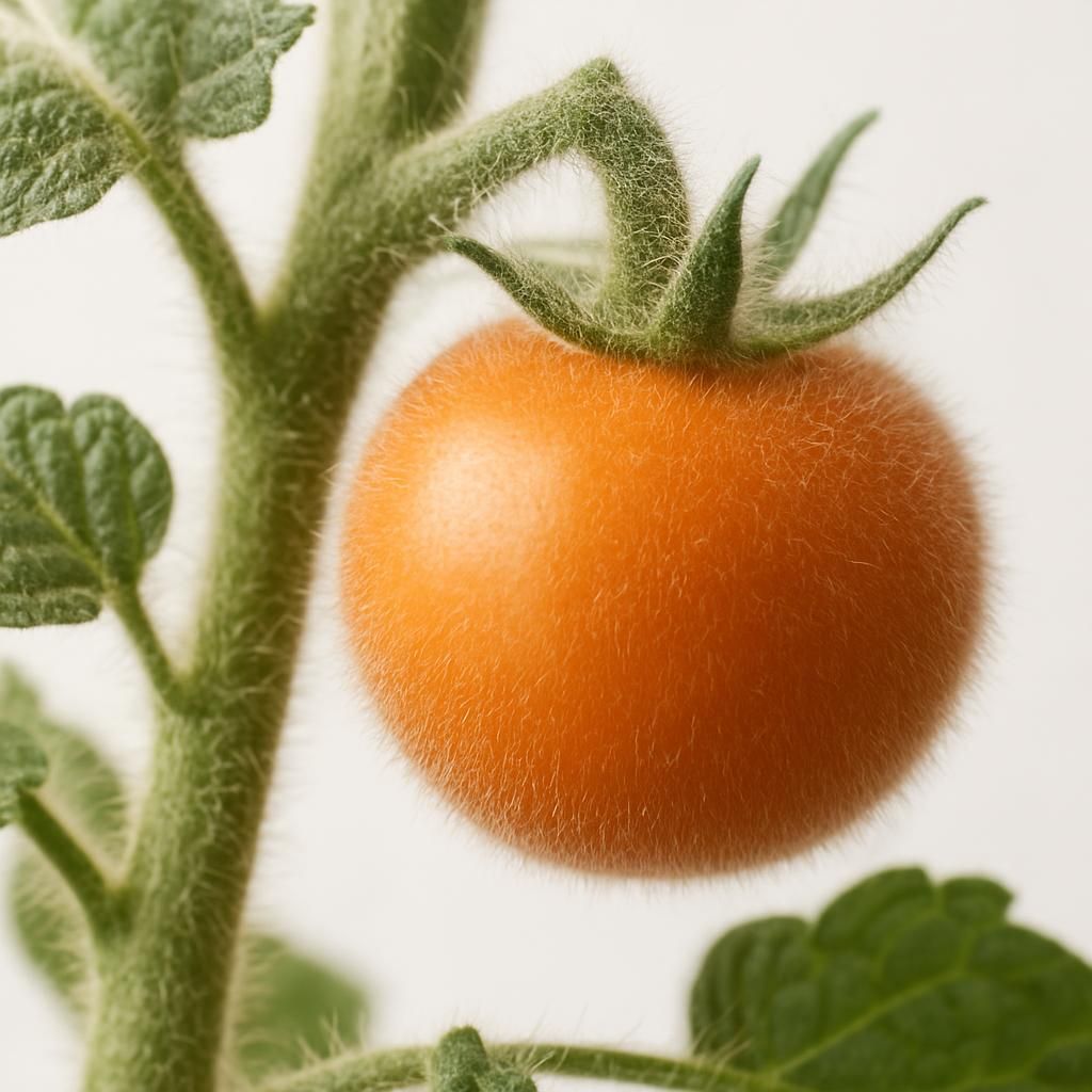 Ripe Fuzzy Wuzzy Tomato showing dense velvety trichomes on fruit and stem