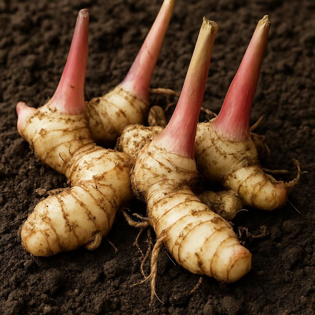 Freshly harvested greater galangal rhizomes showing ivory flesh and pink shoots ready for planting or market