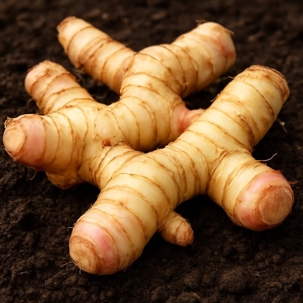Close-up of fresh lesser galangal rhizomes showing fibrous texture and pale interior on rich soil