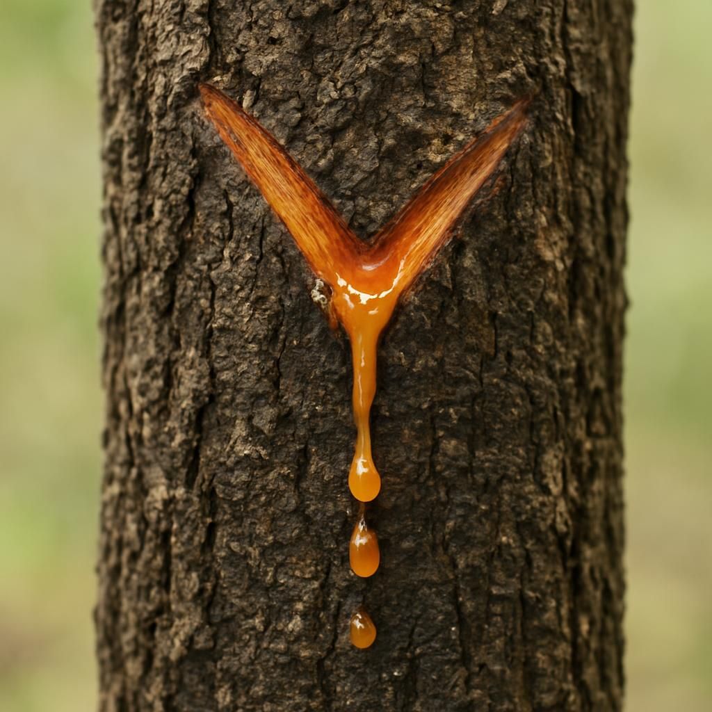 Close-up of gamboge resin exuding from Garcinia hanburyi trunk showing bright orange-yellow latex